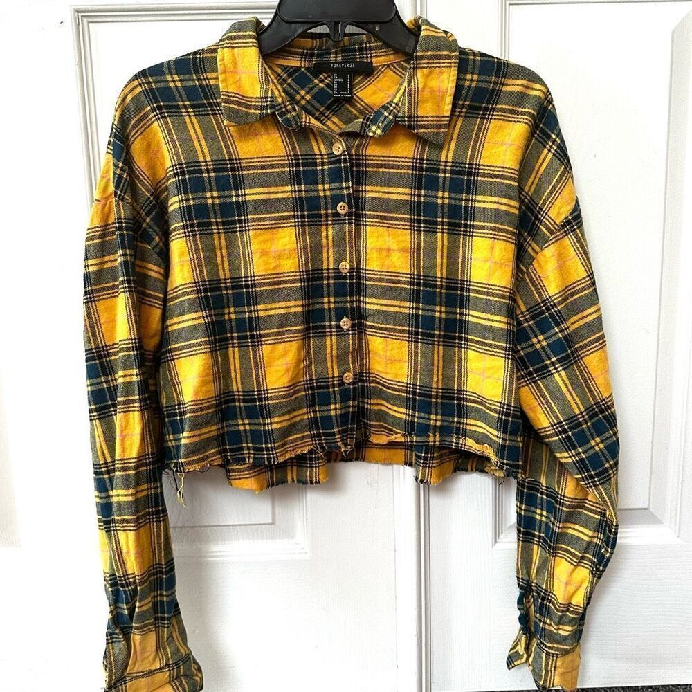 Forever 21 Flannel Top Button Front Shirt Plaid Yellow and Black Frayed